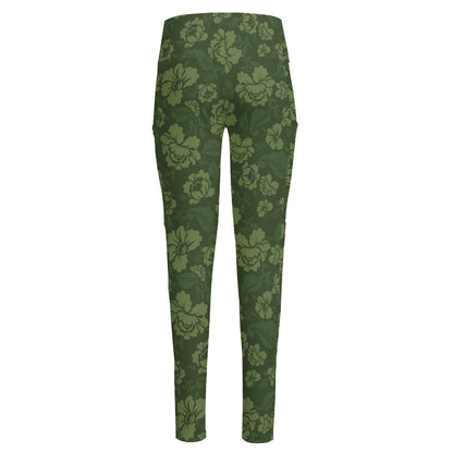 Military Green Camo Flower Pattern Print High-Waisted Pocket Leggings