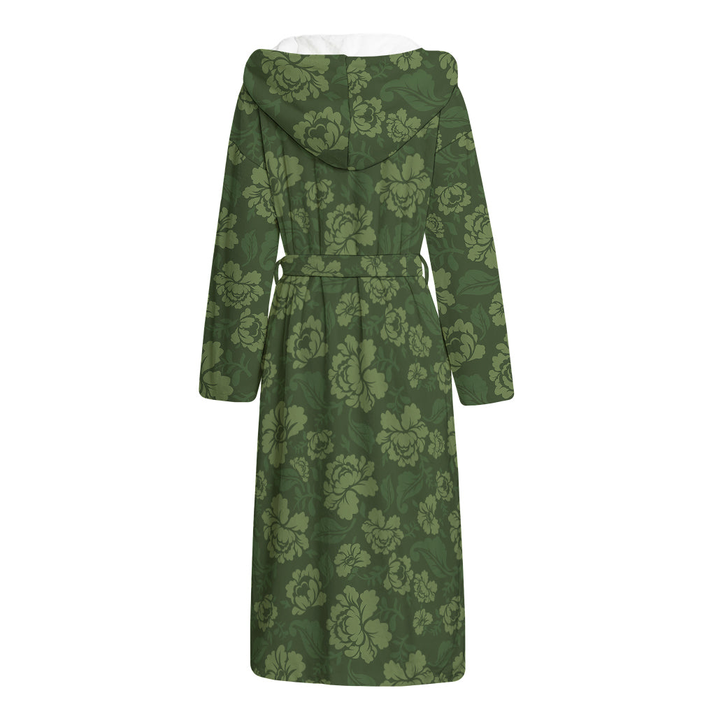 Military Green Camo Flower Pattern Print Hooded Bathrobe