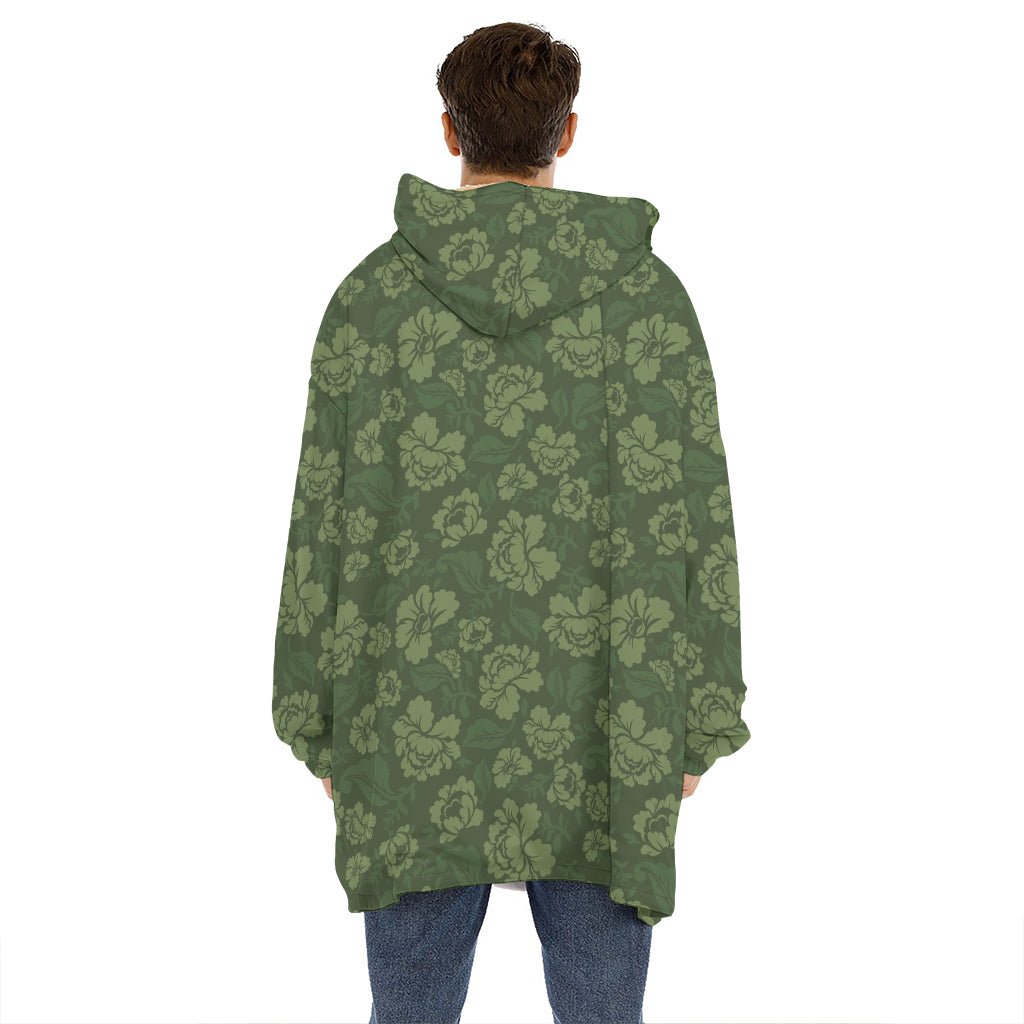 Military Green Camo Flower Pattern Print Hoodie Blanket