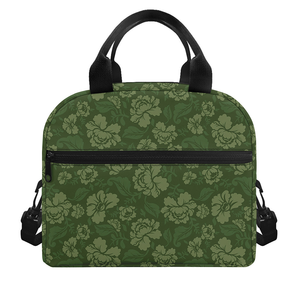 Military Green Camo Flower Pattern Print Insulated Lunch Bag