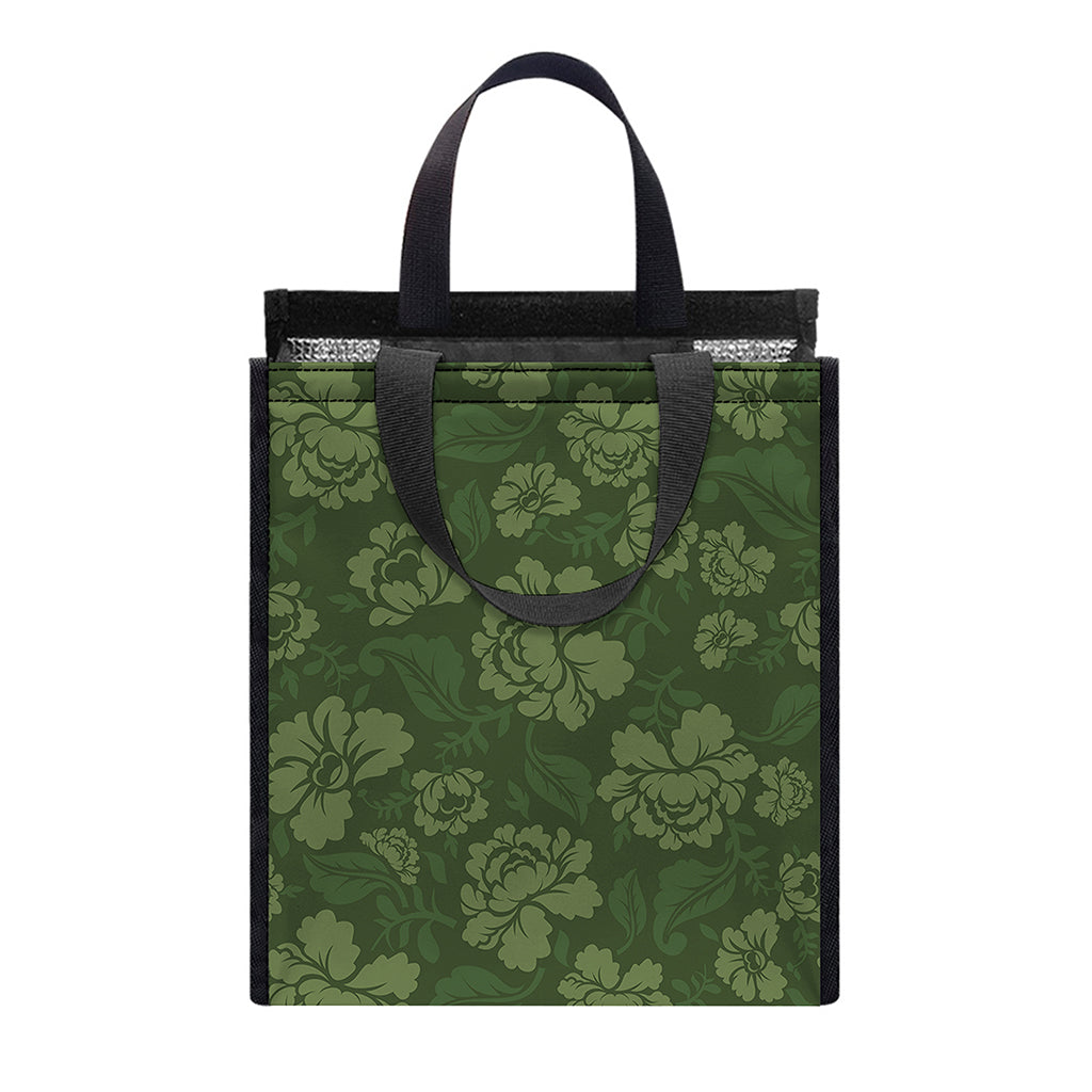 Military Green Camo Flower Pattern Print Insulated Lunch Tote