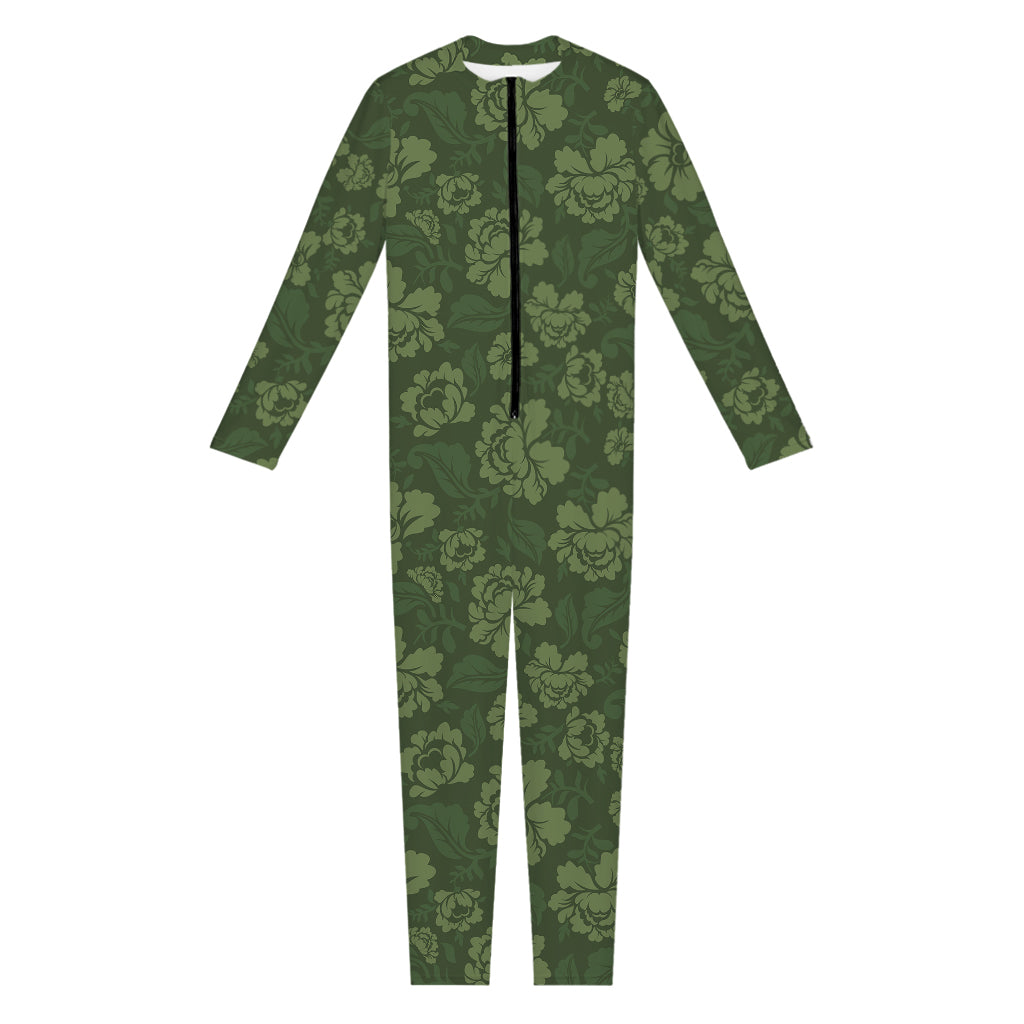 Military Green Camo Flower Pattern Print Jumpsuit