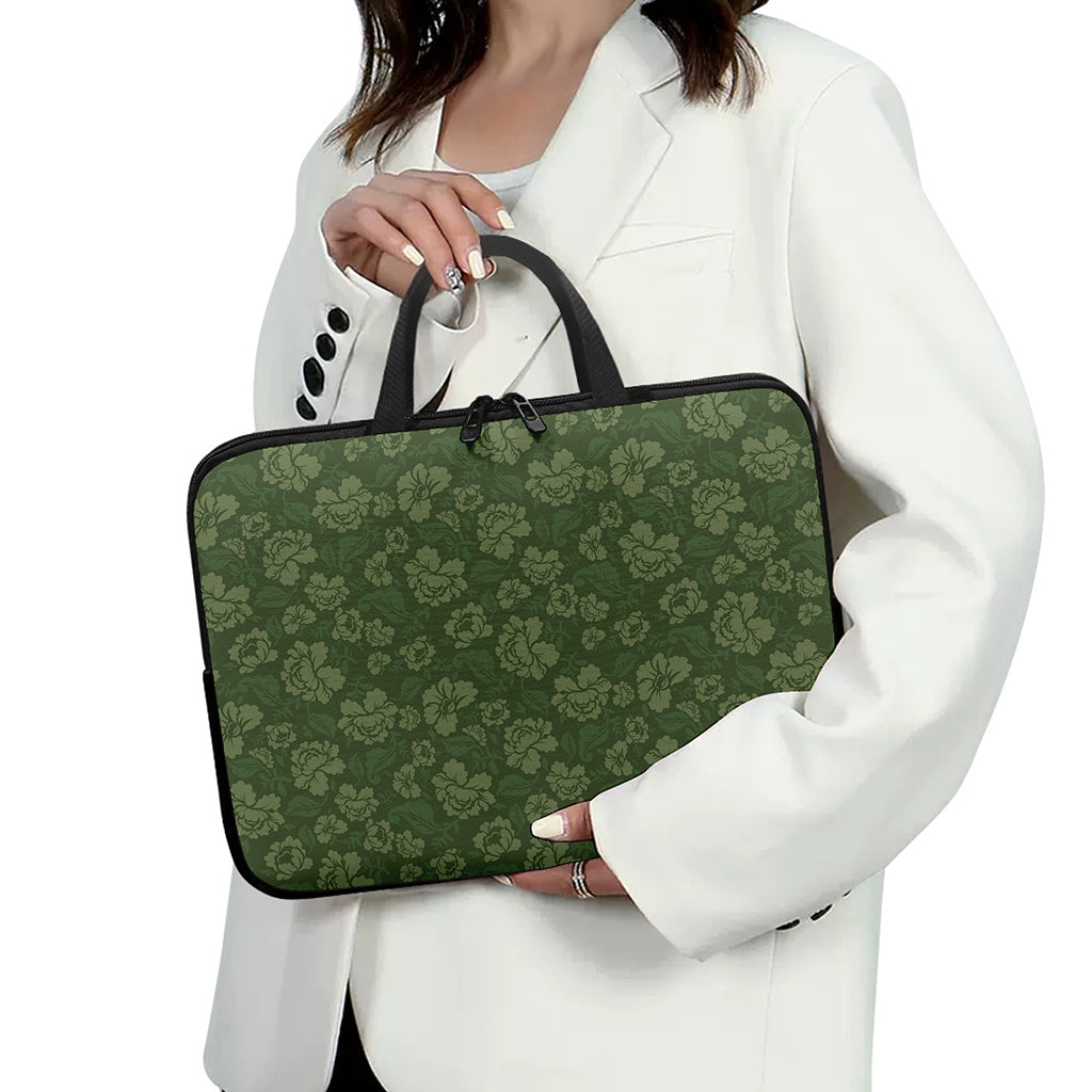 Military Green Camo Flower Pattern Print Laptop Sleeve With Handle