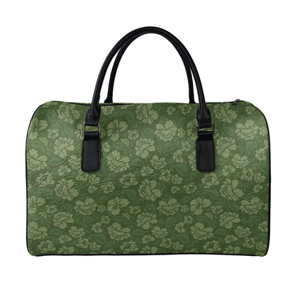 Military Green Camo Flower Pattern Print Leather Duffle Bag