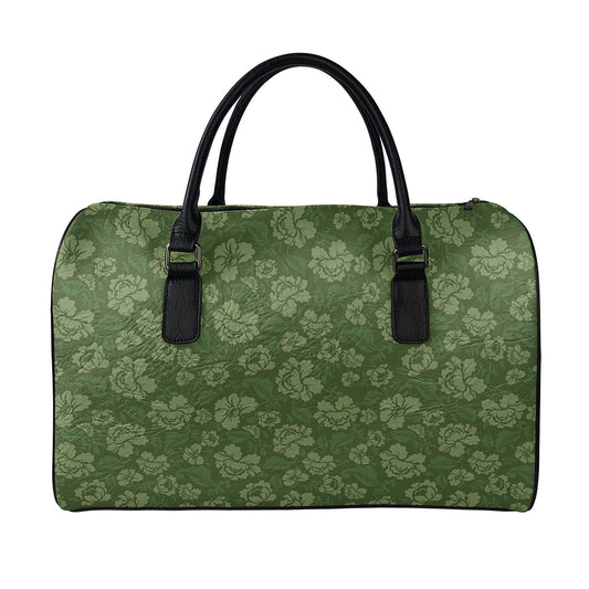 Military Green Camo Flower Pattern Print Leather Duffle Bag