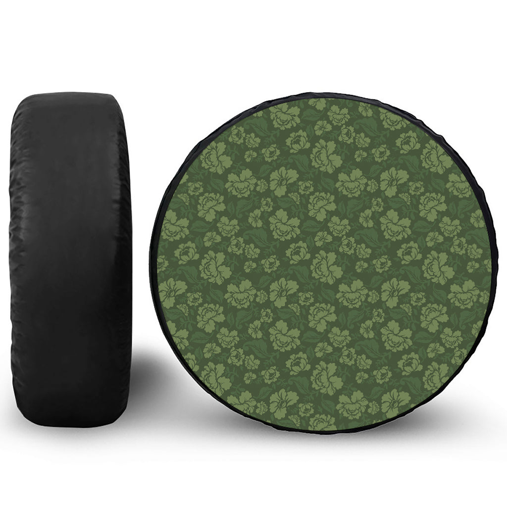Military Green Camo Flower Pattern Print Leather Spare Tire Cover