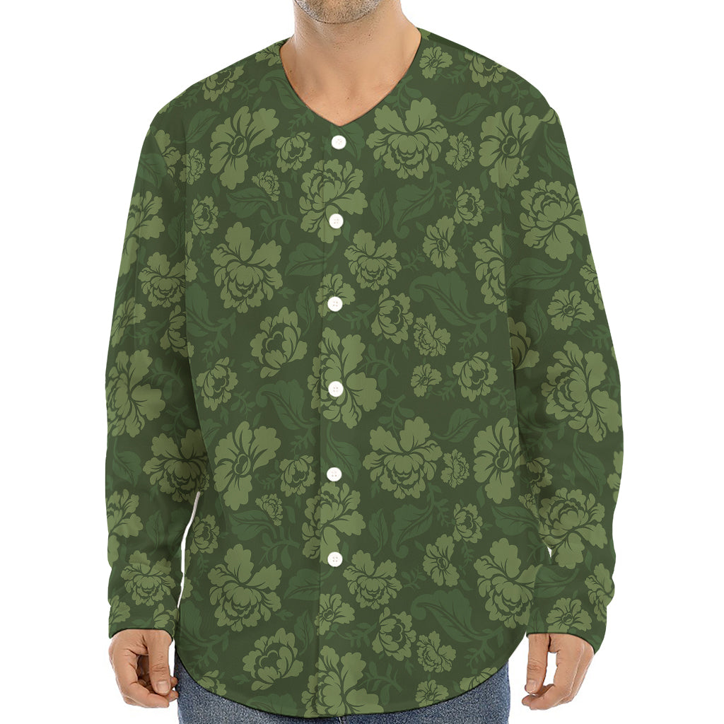Military Green Camo Flower Pattern Print Long Sleeve Baseball Jersey