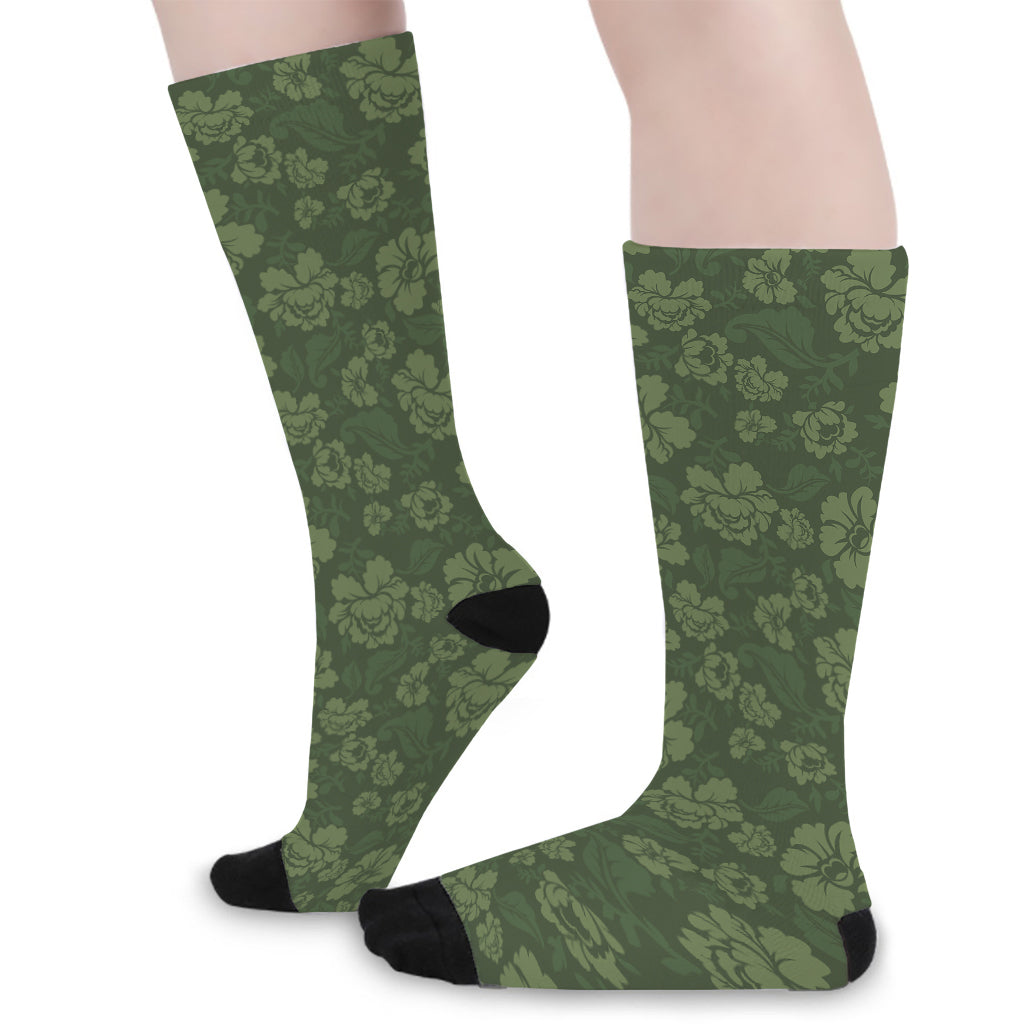 Military Green Camo Flower Pattern Print Long Socks