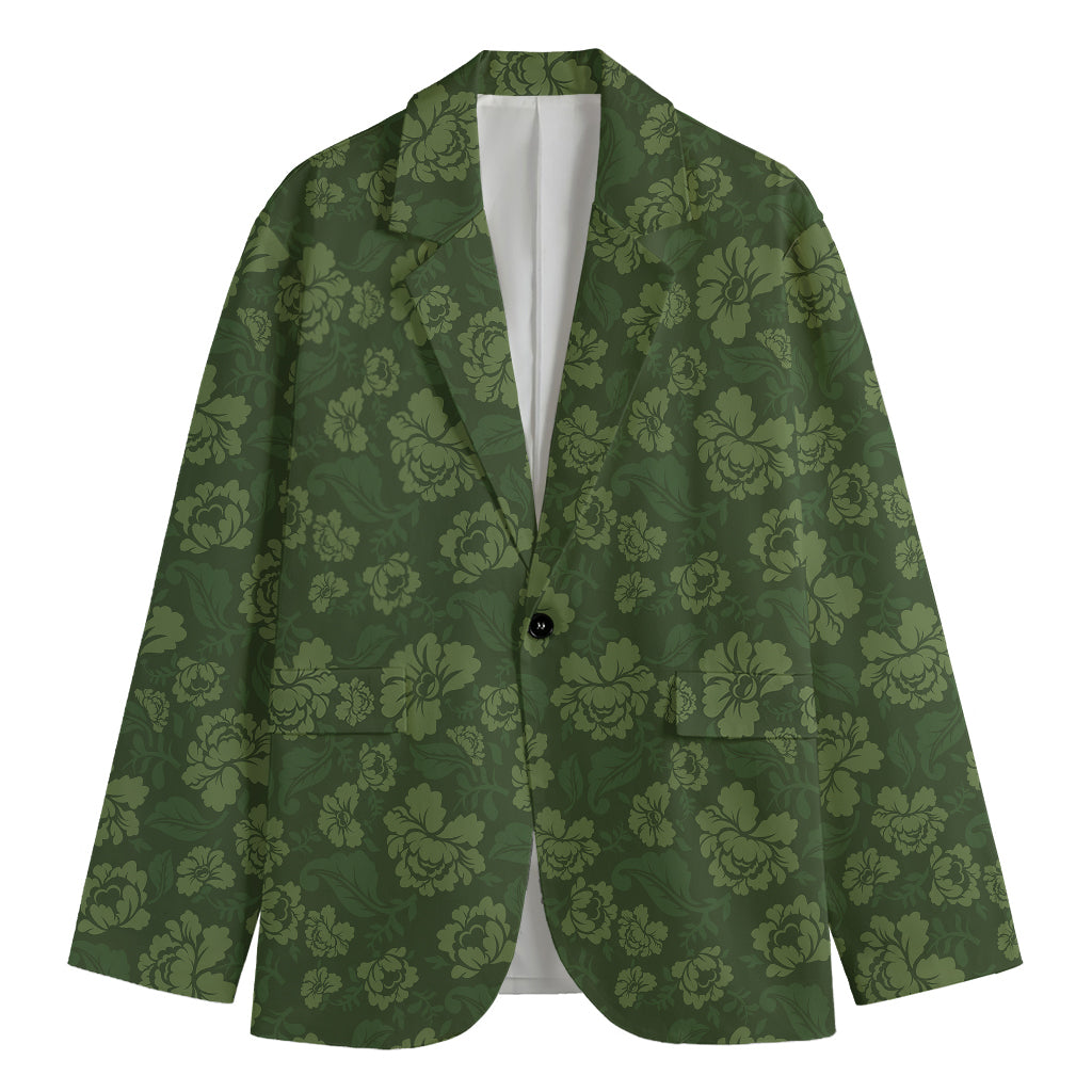 Military Green Camo Flower Pattern Print Men's Blazer