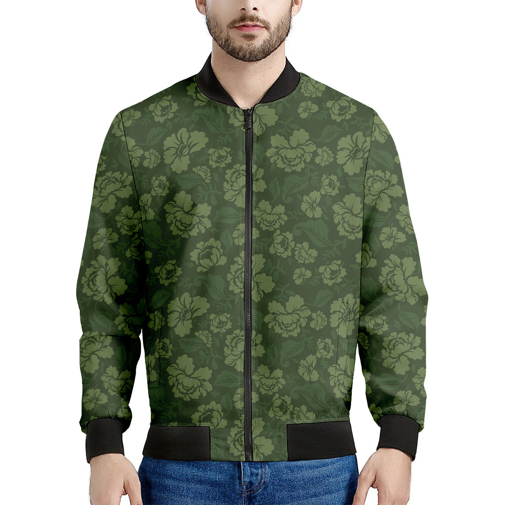 Military Green Camo Flower Pattern Print Men's Bomber Jacket