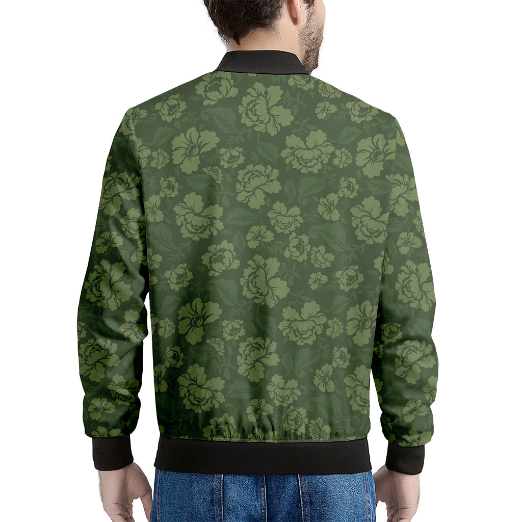 Military Green Camo Flower Pattern Print Men's Bomber Jacket