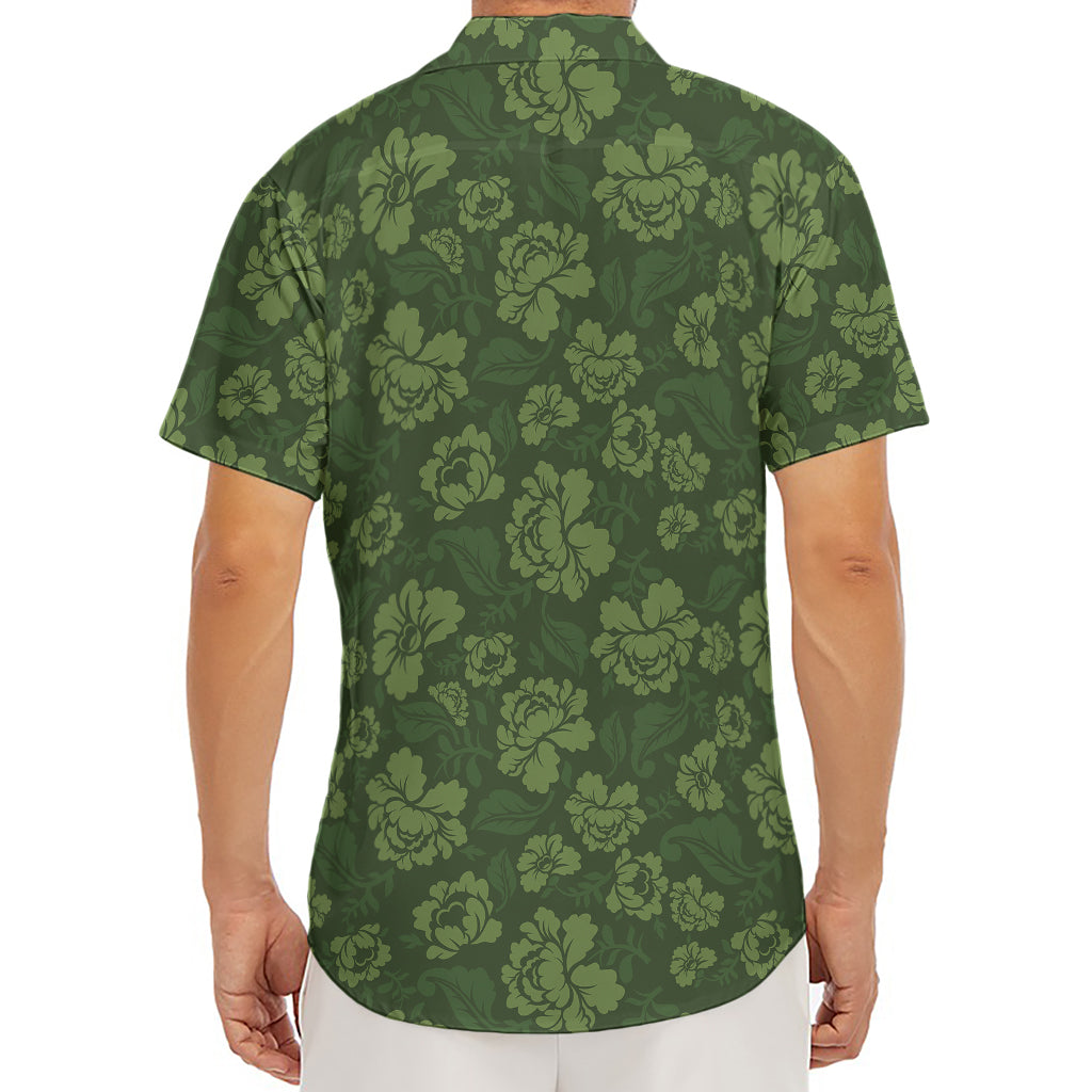 Military Green Camo Flower Pattern Print Men's Deep V-Neck Shirt