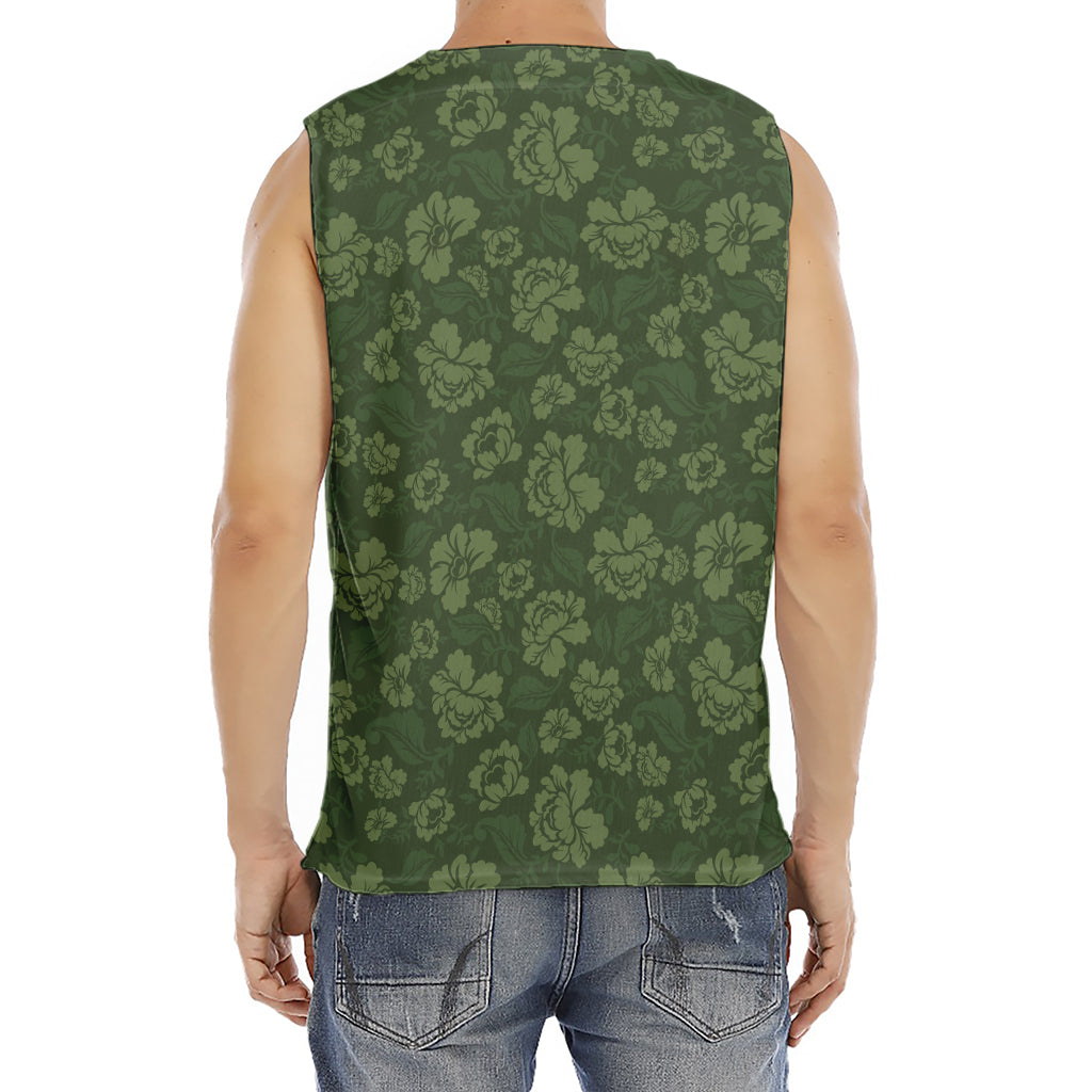 Military Green Camo Flower Pattern Print Men's Fitness Tank Top