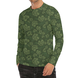 Military Green Camo Flower Pattern Print Men's Long Sleeve Rash Guard