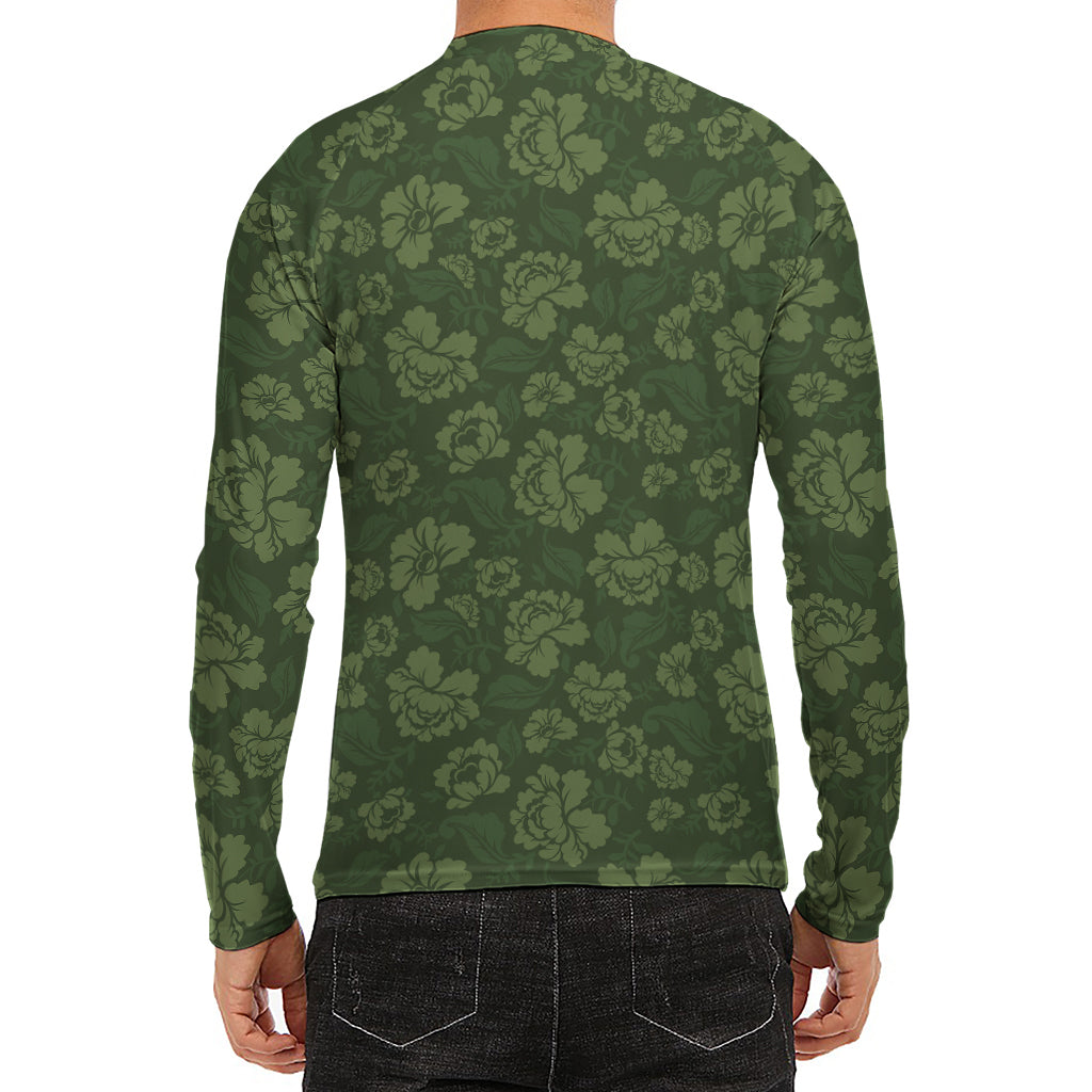 Military Green Camo Flower Pattern Print Men's Long Sleeve Rash Guard