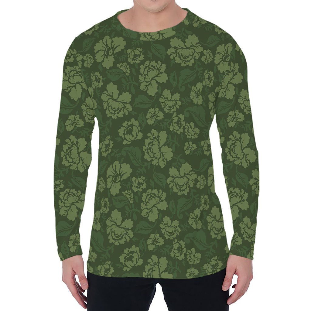 Military Green Camo Flower Pattern Print Men's Long Sleeve T-Shirt