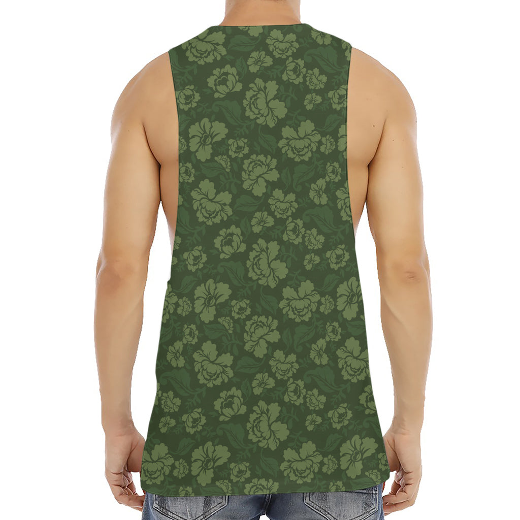 Military Green Camo Flower Pattern Print Men's Muscle Tank Top