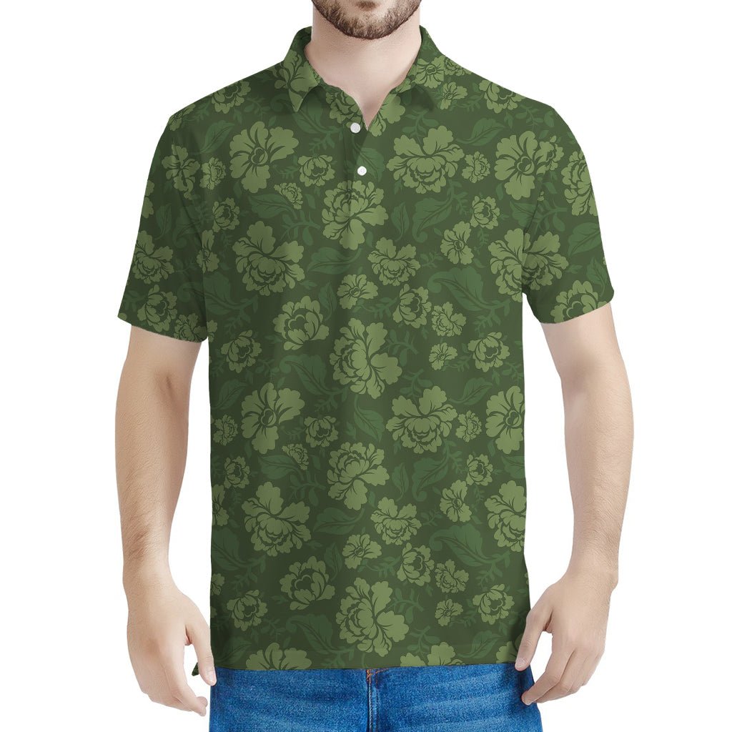 Military Green Camo Flower Pattern Print Men's Polo Shirt