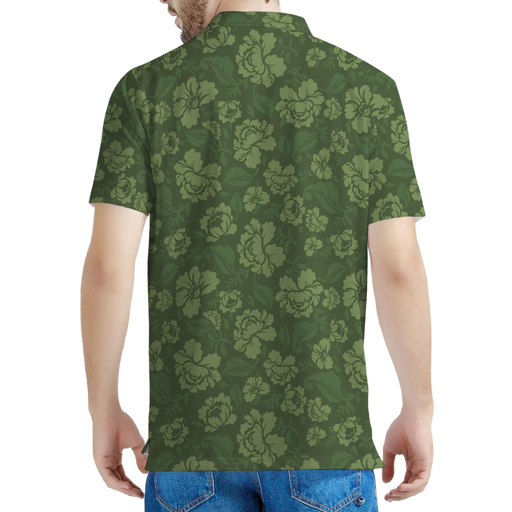 Military Green Camo Flower Pattern Print Men's Polo Shirt