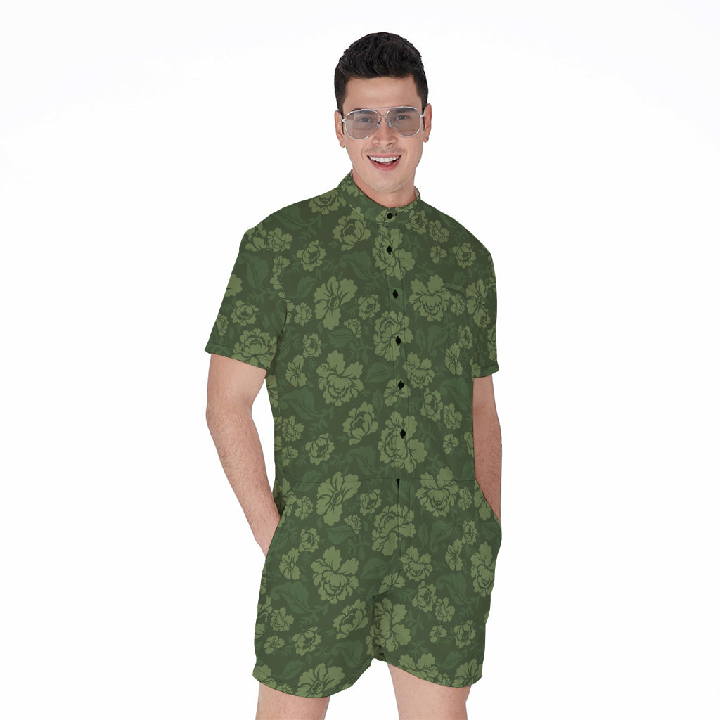 Military Green Camo Flower Pattern Print Men's Rompers