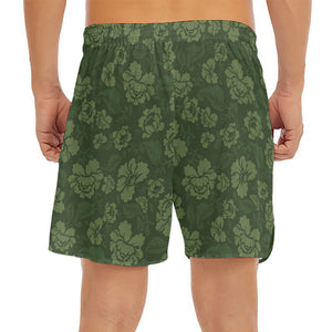 Military Green Camo Flower Pattern Print Men's Split Running Shorts