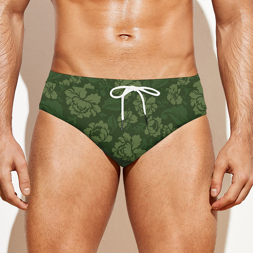 Military Green Camo Flower Pattern Print Men's Swim Briefs