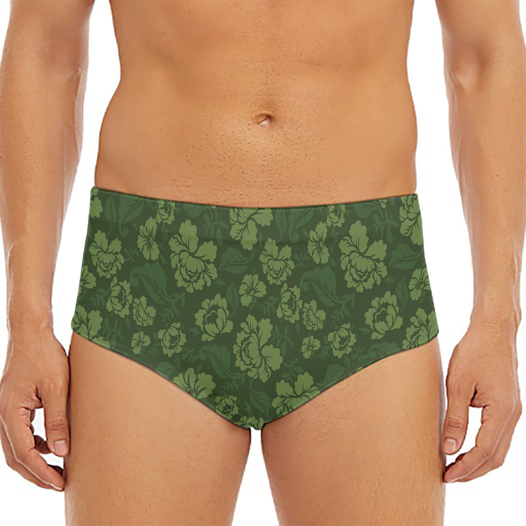 Military Green Camo Flower Pattern Print Men's Triangle Swim Briefs