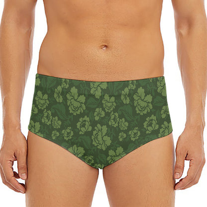 Military Green Camo Flower Pattern Print Men's Triangle Swim Briefs