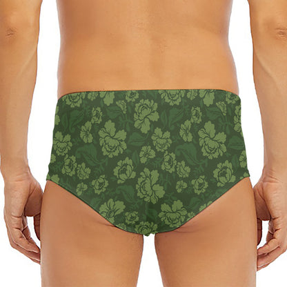 Military Green Camo Flower Pattern Print Men's Triangle Swim Briefs