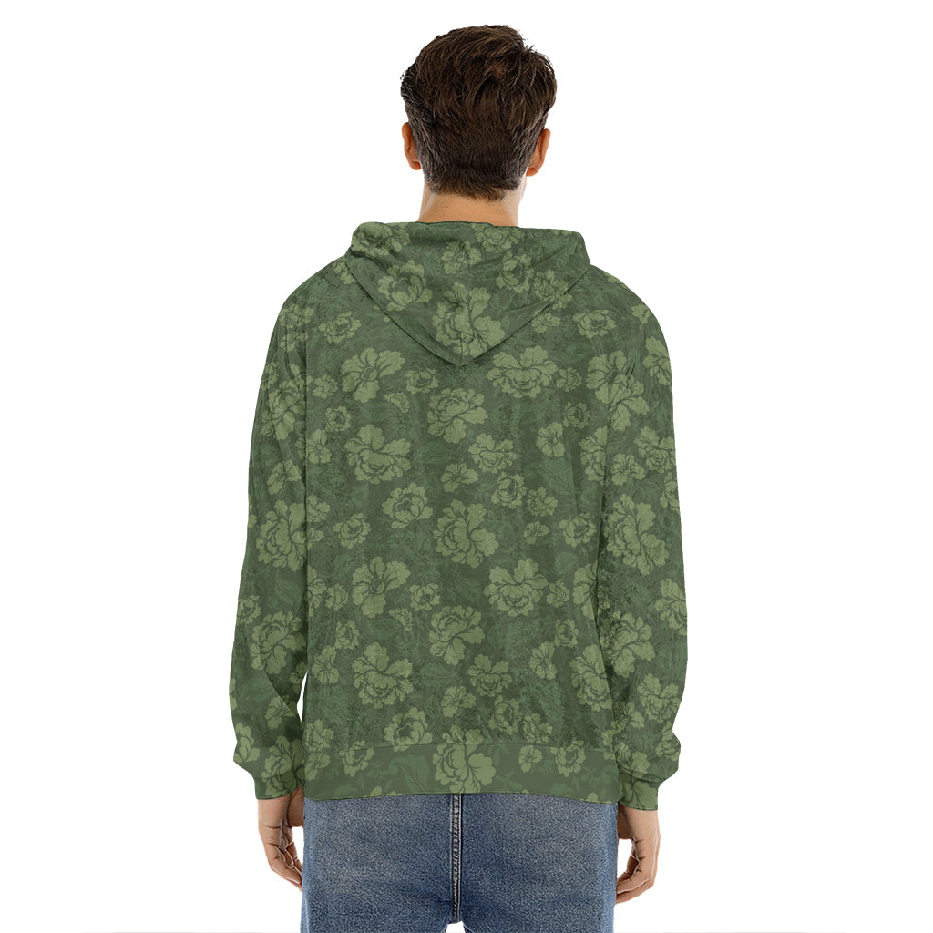 Military Green Camo Flower Pattern Print Men's Velvet Pullover Hoodie