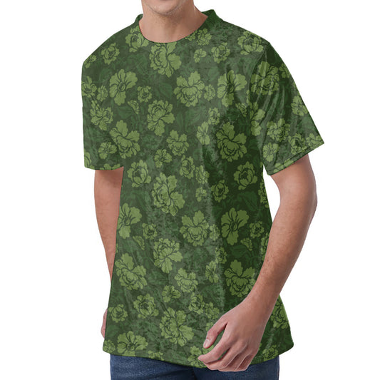 Military Green Camo Flower Pattern Print Men's Velvet T-Shirt