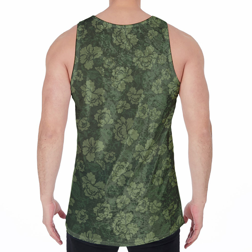 Military Green Camo Flower Pattern Print Men's Velvet Tank Top