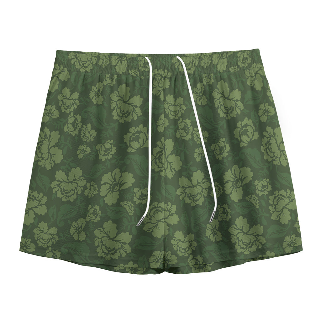 Military Green Camo Flower Pattern Print Mesh Shorts