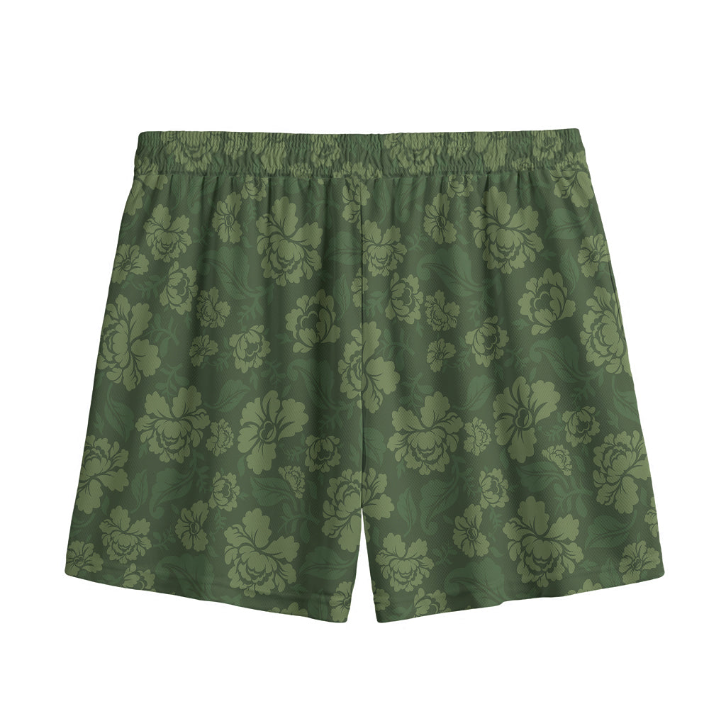 Military Green Camo Flower Pattern Print Mesh Shorts