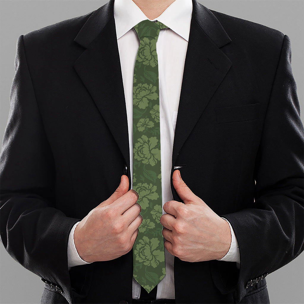 Military Green Camo Flower Pattern Print Necktie