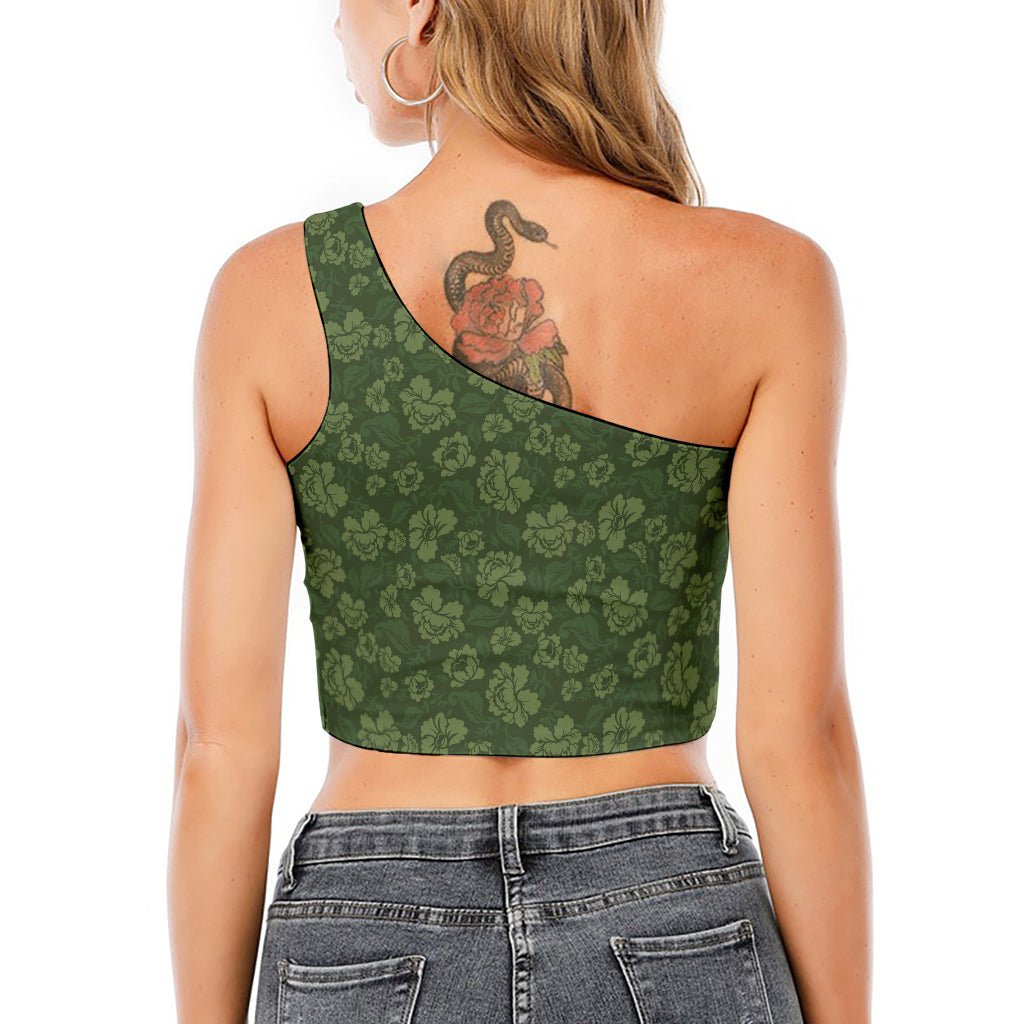 Military Green Camo Flower Pattern Print One Shoulder Crop Top