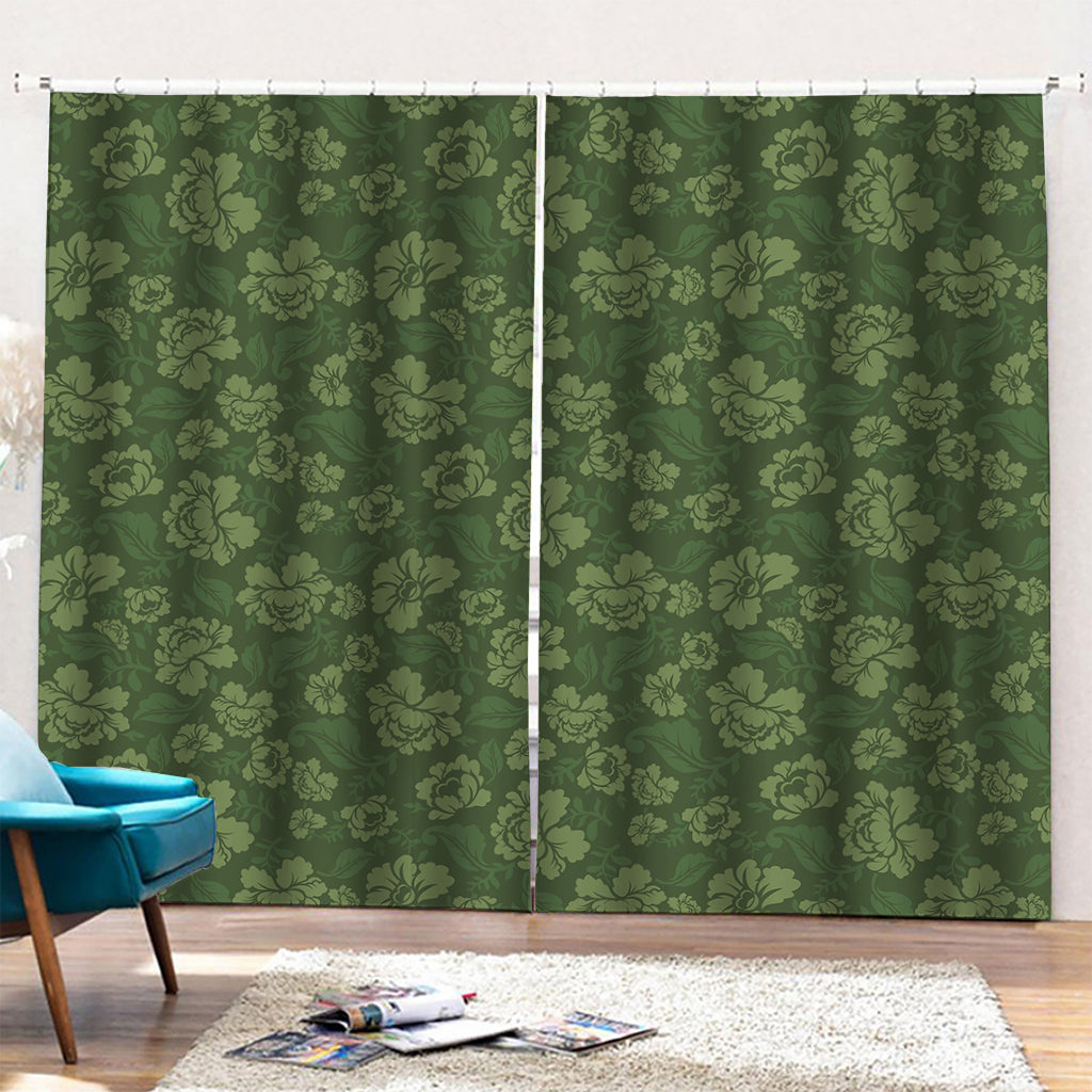 Military Green Camo Flower Pattern Print Pencil Pleat Curtains