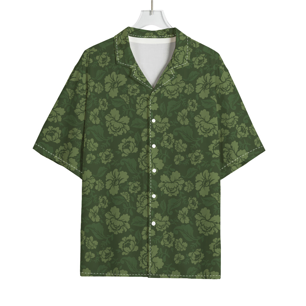 Military Green Camo Flower Pattern Print Rayon Hawaiian Shirt