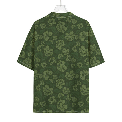 Military Green Camo Flower Pattern Print Rayon Hawaiian Shirt