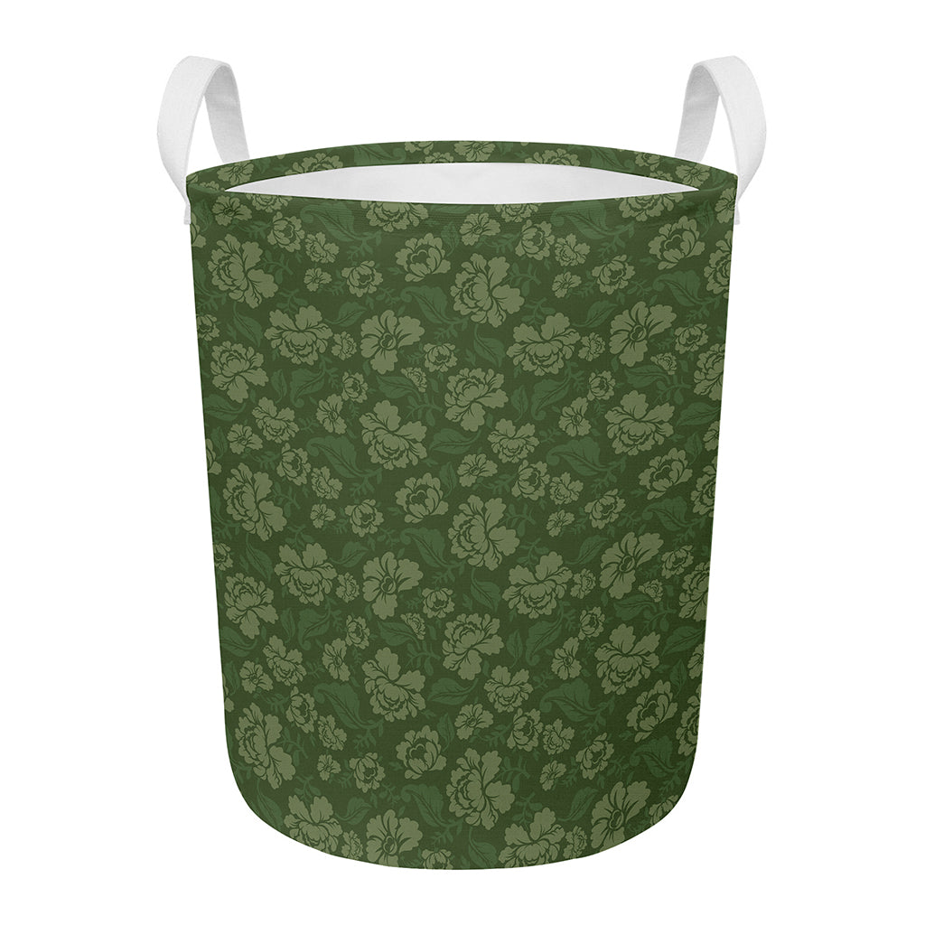 Military Green Camo Flower Pattern Print Round Laundry Basket