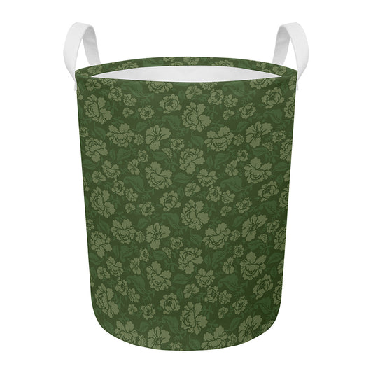 Military Green Camo Flower Pattern Print Round Laundry Basket