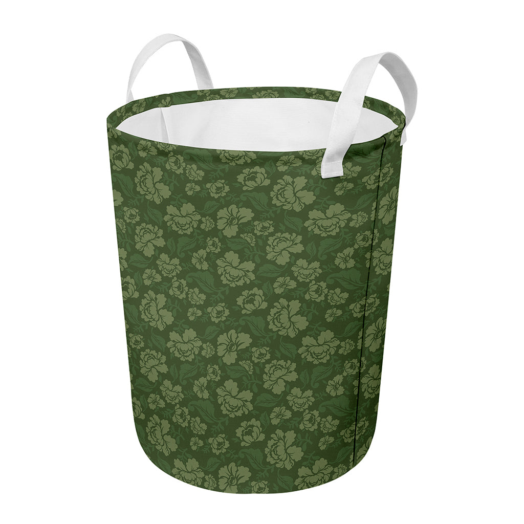 Military Green Camo Flower Pattern Print Round Laundry Basket