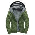 Military Green Camo Flower Pattern Print Sherpa Lined Zip Up Hoodie
