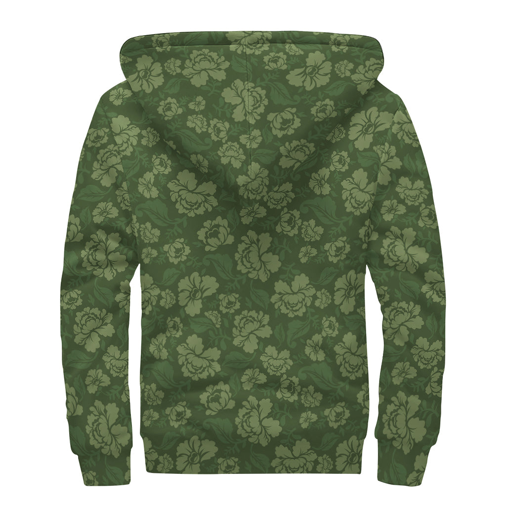 Military Green Camo Flower Pattern Print Sherpa Lined Zip Up Hoodie