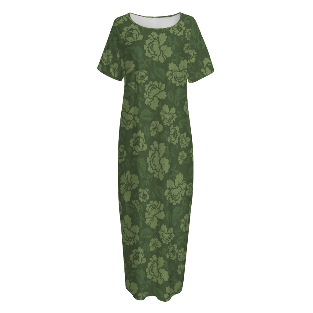 Military Green Camo Flower Pattern Print Short Sleeve Long Nightdress