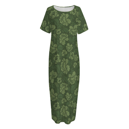 Military Green Camo Flower Pattern Print Short Sleeve Long Nightdress