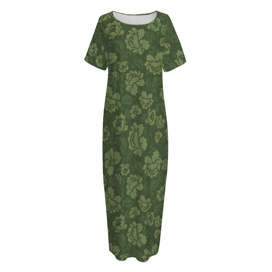 Military Green Camo Flower Pattern Print Short Sleeve Long Nightdress