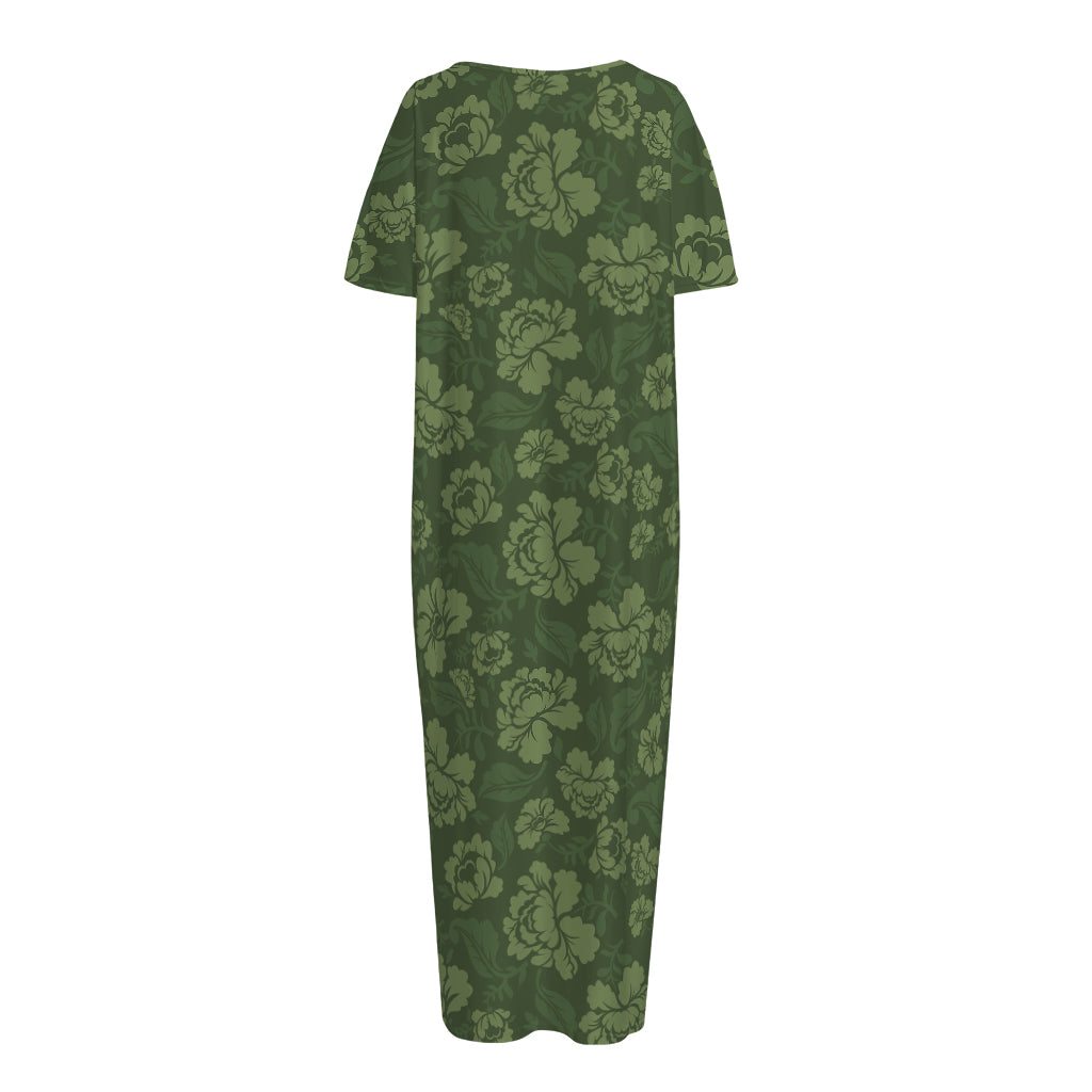 Military Green Camo Flower Pattern Print Short Sleeve Long Nightdress