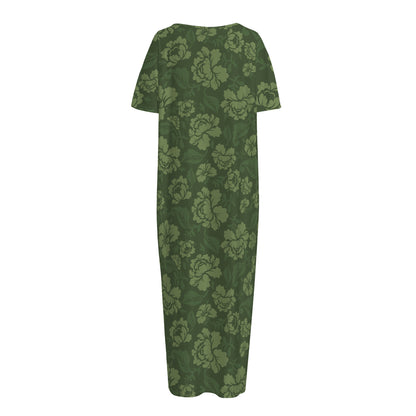 Military Green Camo Flower Pattern Print Short Sleeve Long Nightdress