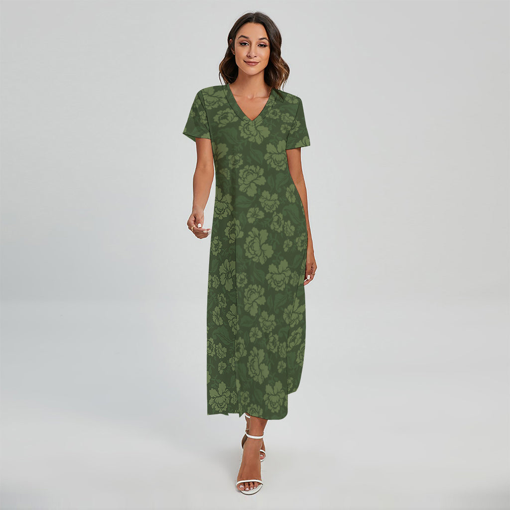 Military Green Camo Flower Pattern Print Short Sleeve Maxi Dress